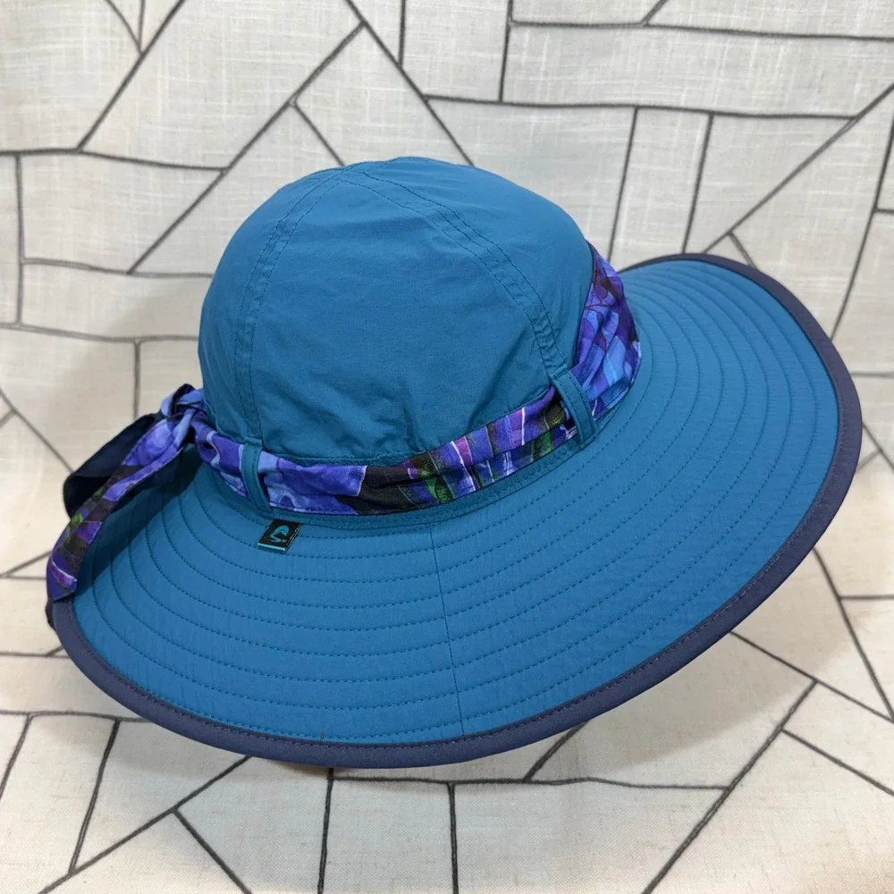 Sunday Afternoons Sun Hat One Size Teal Blue Floral Sash Wide Brim Hiking Hat